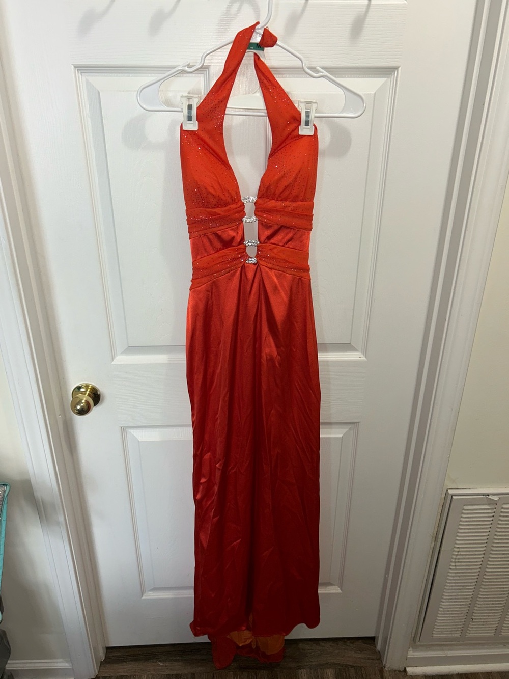 Zum Zum by Niki Livas Red Halter Prom Gown with Glitter Sequin Accents